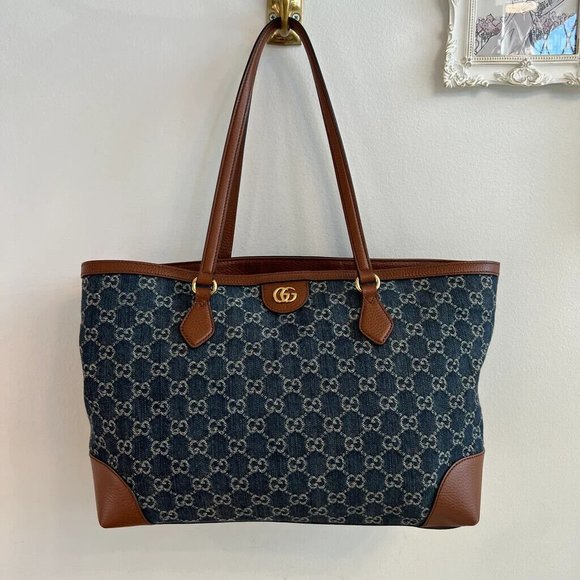 Gucci Ophidia GG Jacquard Denim Blue Brown Tote Bag Italy Leather Handbag New - Picture 5 of 15